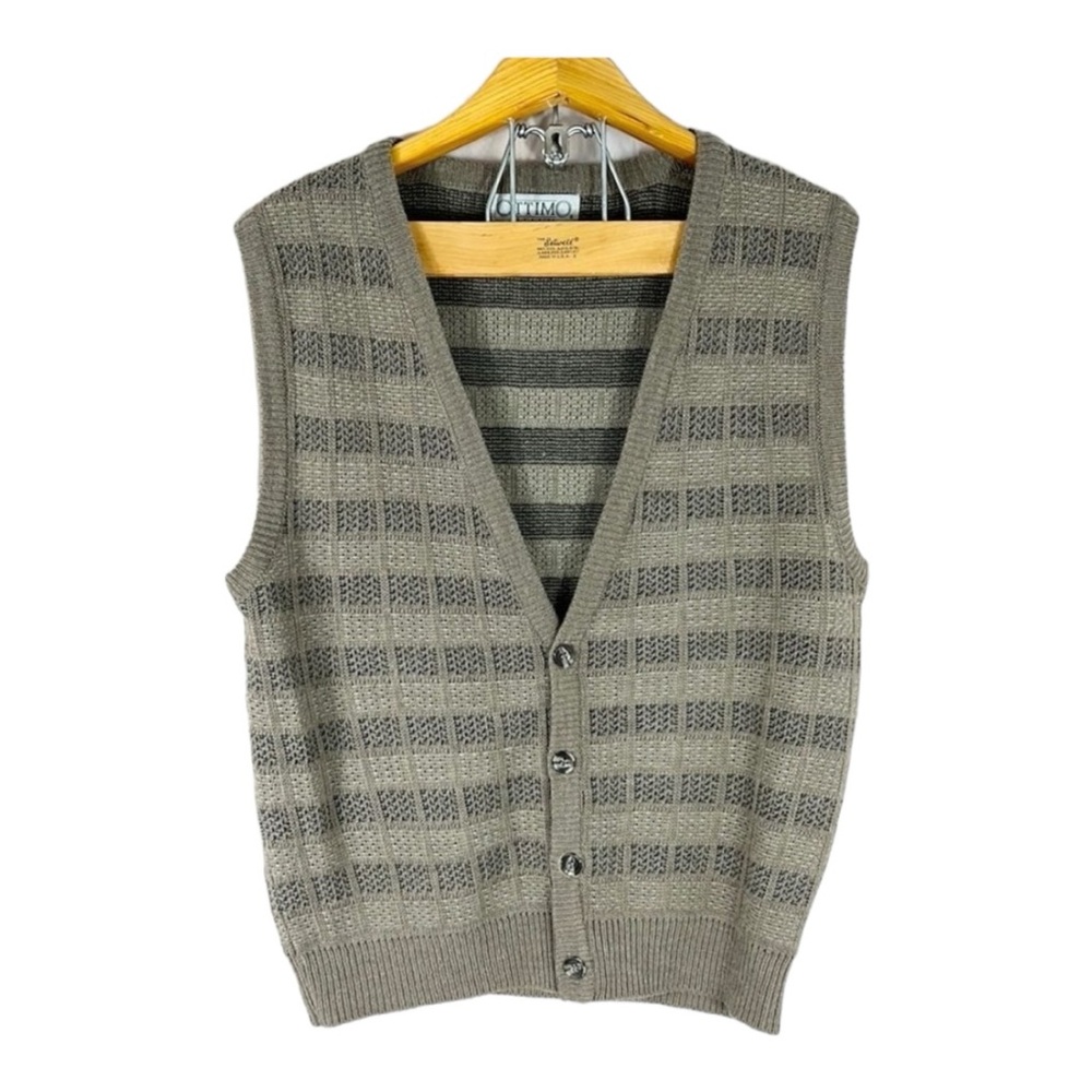 Men’s Ottimo Brown Taupe Striped Preppy Button Down Wool Sweater Vest Large